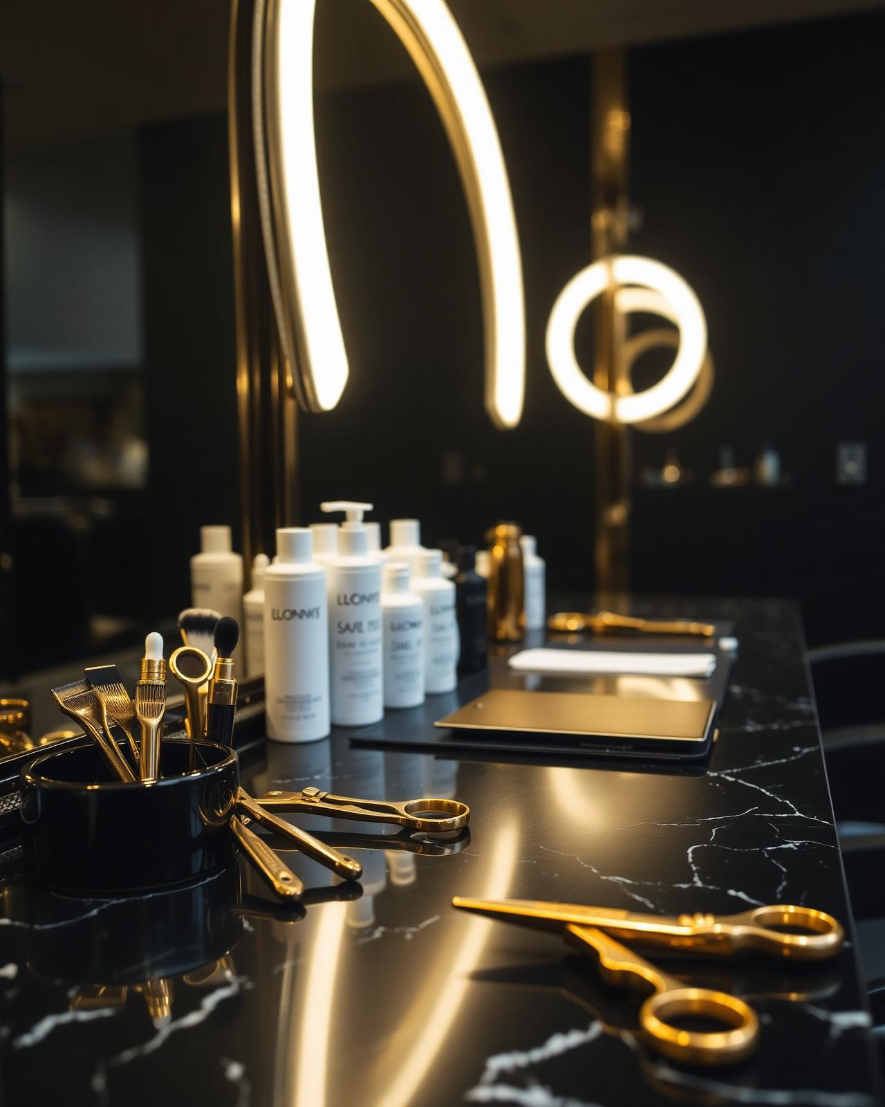Luxury salon styling station with gold tools on black marble