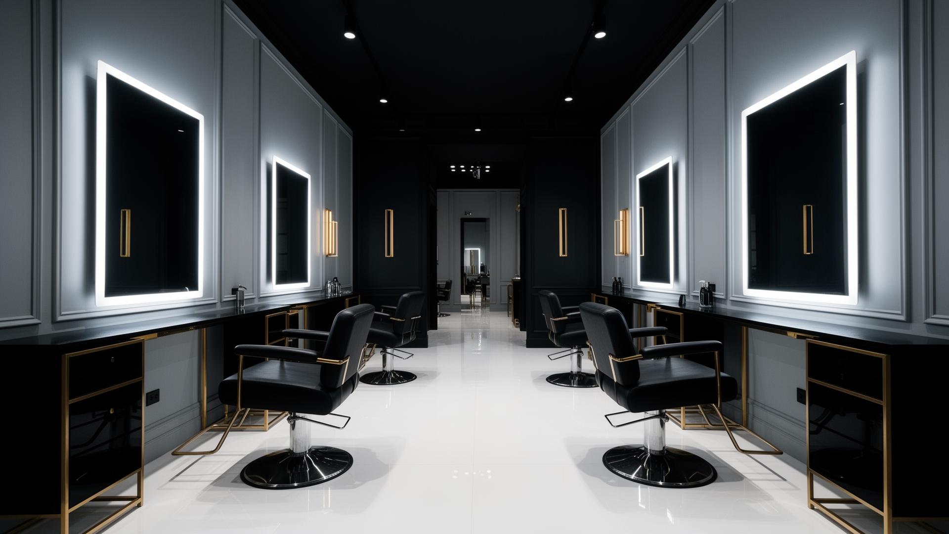 Luxury beauty salon interior with LED mirrors and gold accents